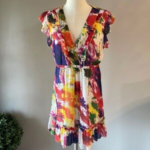 PAPILLON FLORAL dress empire waist tie belt ruffled V neckline cap sleeve XL